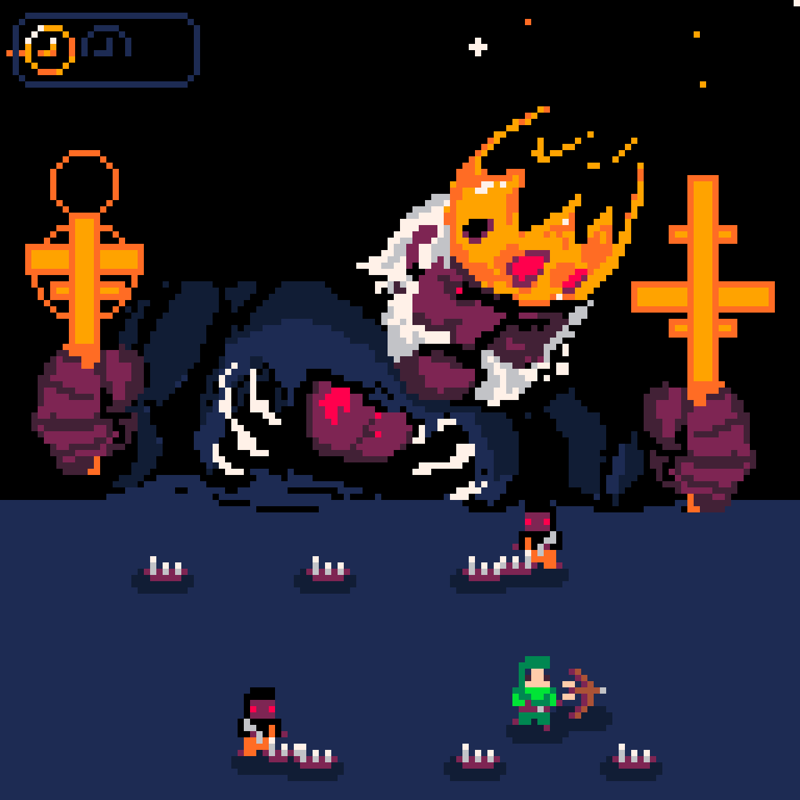The master of Death of Kairos looms over the arena, holding its crossed weapons