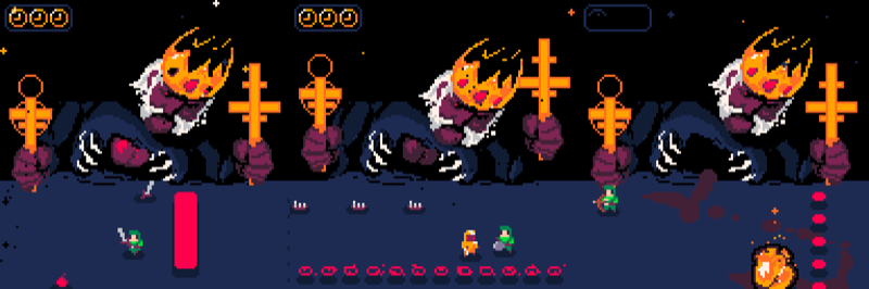 The boss pressing in with health and heart pickups visible in the HUD